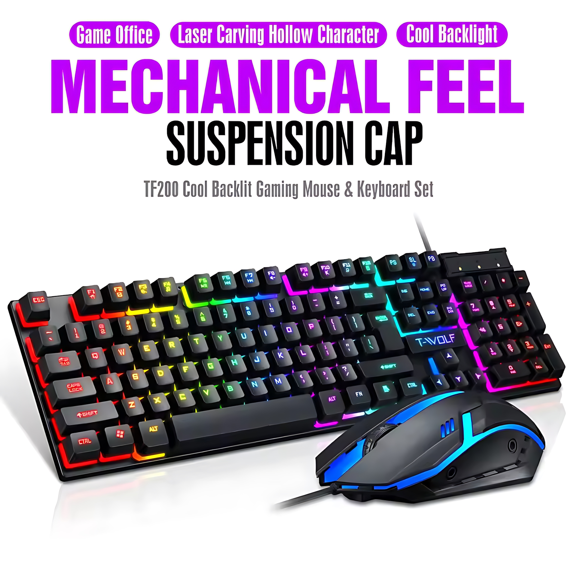 Gaming Keyboard Mouse And Headset Combo - Rainbow Backlit Wired Keyboard and Mouse,Floating