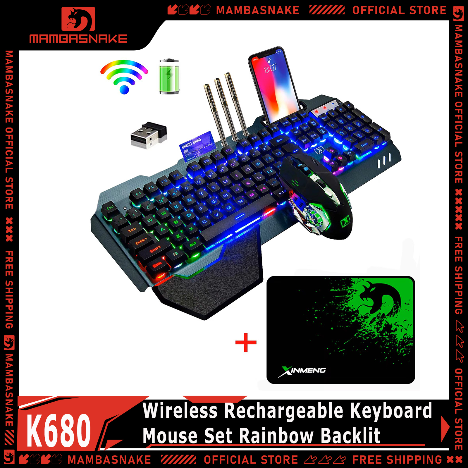 Gaming Keyboard Mouse And Headset Combo - MAMBASNAKE K680 Wireless Rechargeable Keyboard Mouse